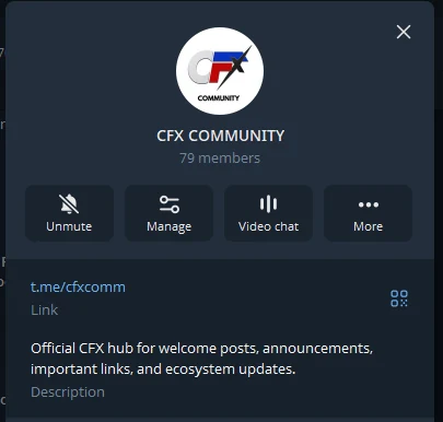 Owner-provided screenshot of the CFX COMMUNITY Telegram group showing its name and welcome description