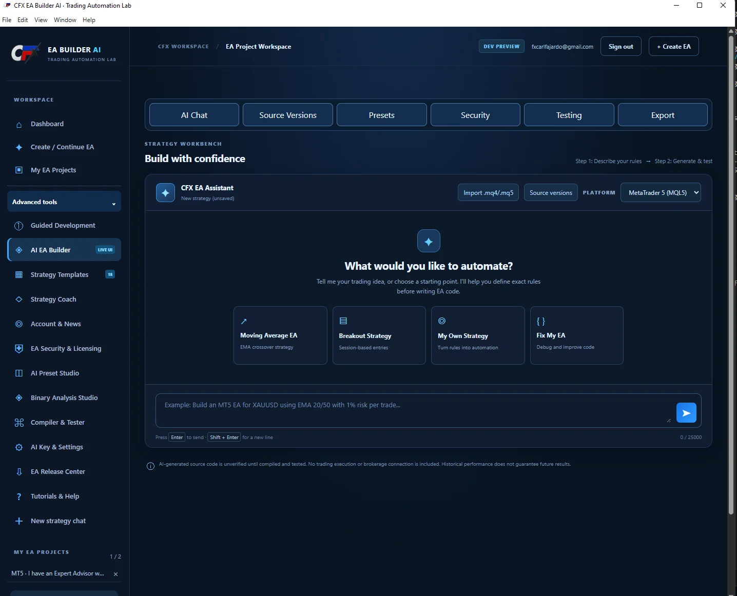 CFX EA Builder AI authentic screenshot